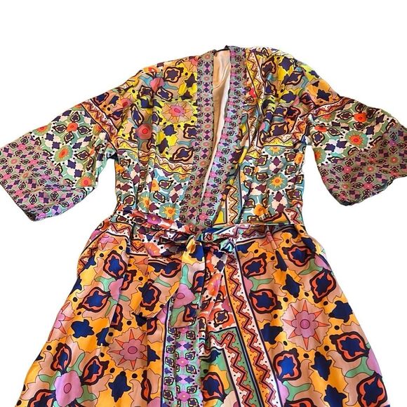 Zara Women's Multicolor Floral Satin Belted Slit Kimono Robe Medium - Picture 1 of 12